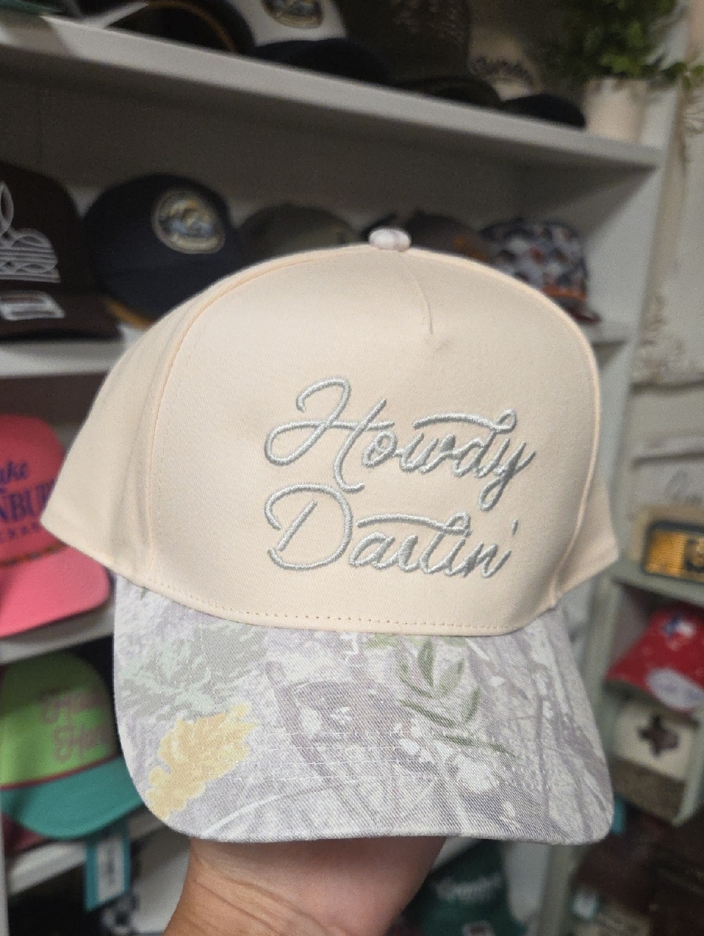 Howdy Darlin' Script Trucker Hat - Cream & Woodland Camo Brim